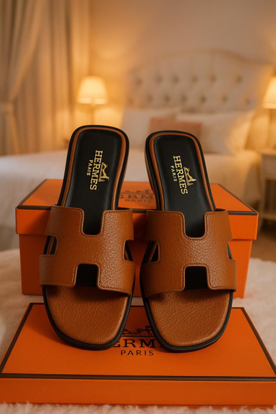 Hermes caviar leather slippers