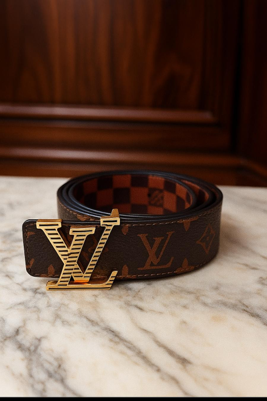 LV belt is reversible, logo side and checkered side