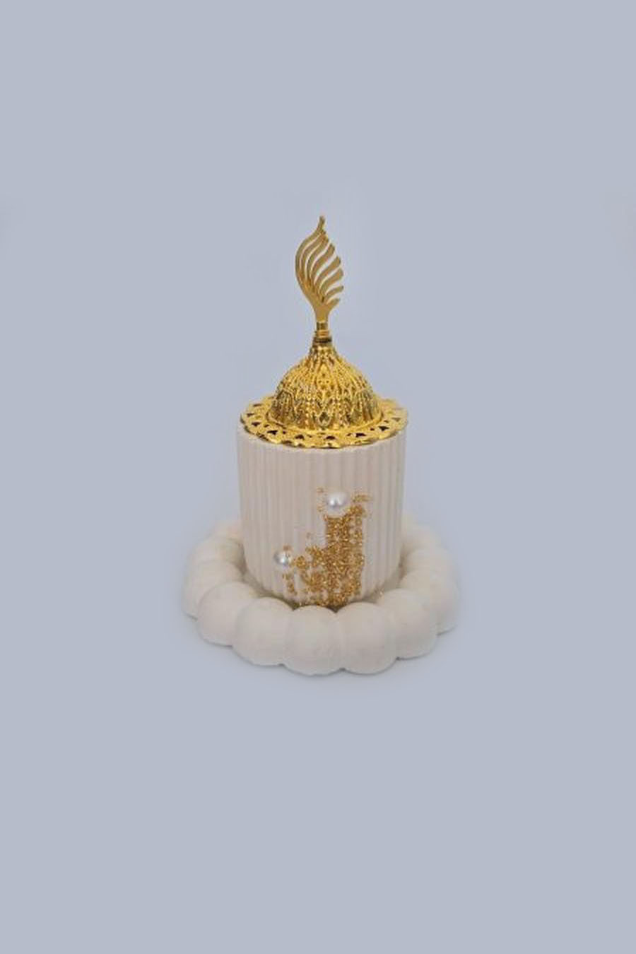 White incense burner with gold and white beads