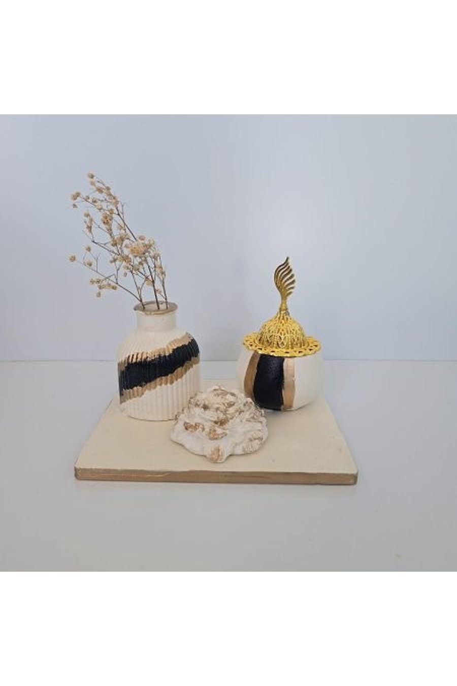 White with gold and black