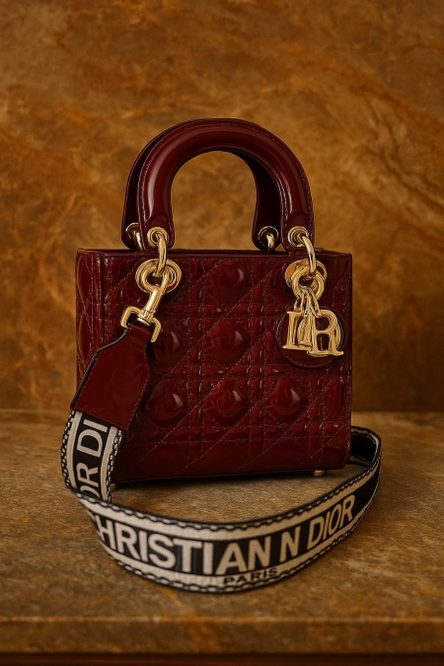 Lady Dior Burgundy Shiny Bag, 25cm Base, Medium Size