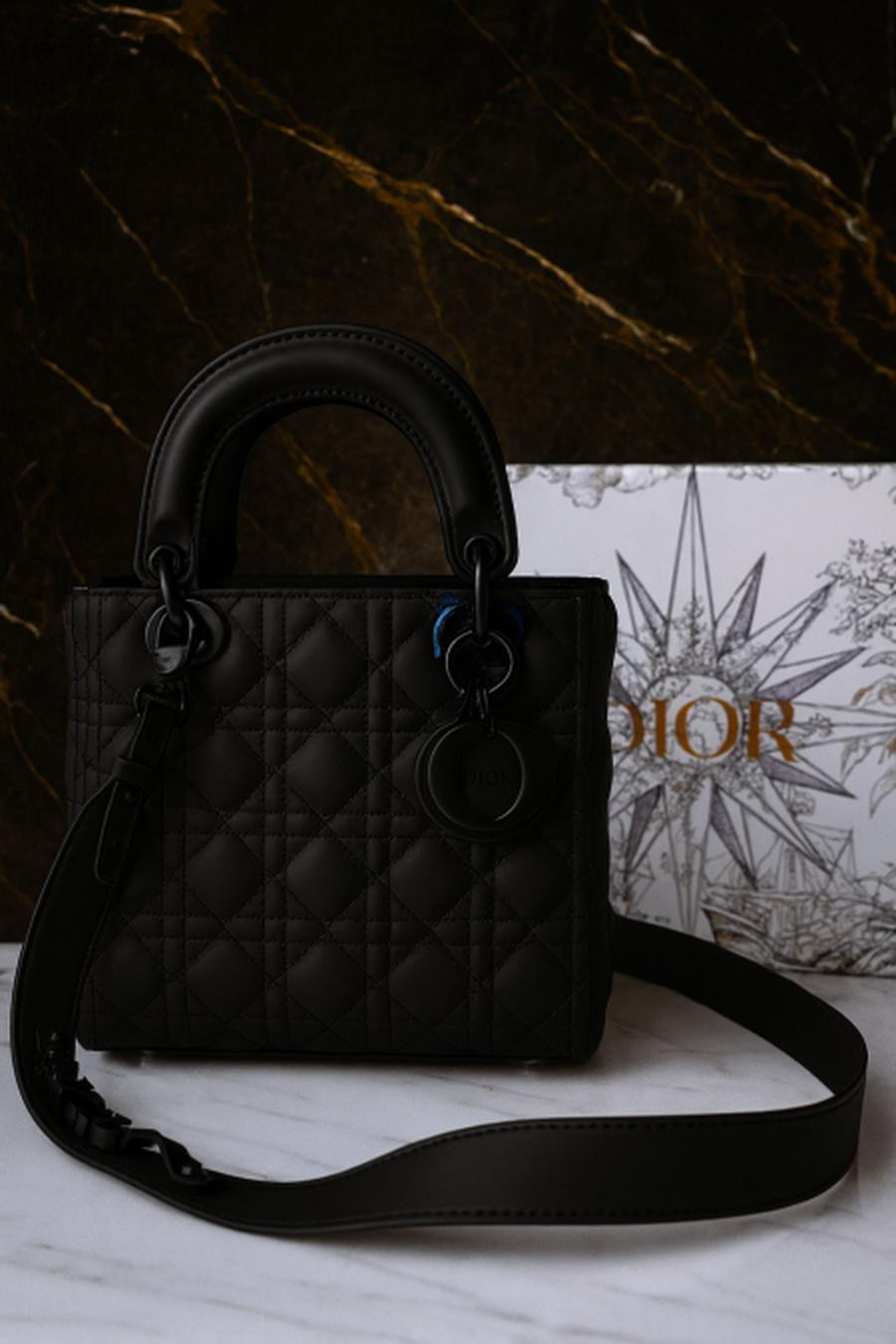 Lady Dior bag, black, matte base, 23 cm