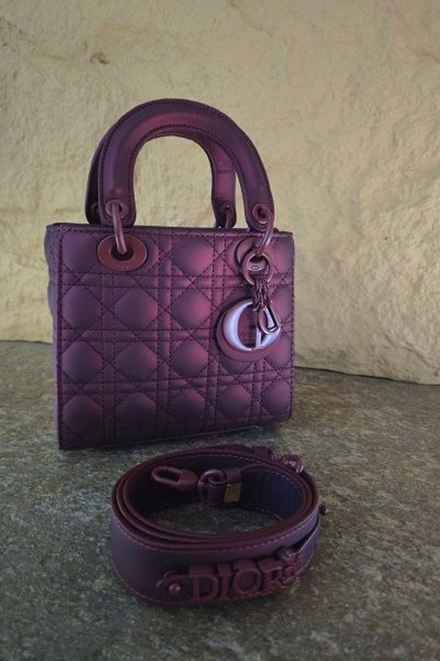Lady Dior bag, burgundy red, polished base, 20 cm