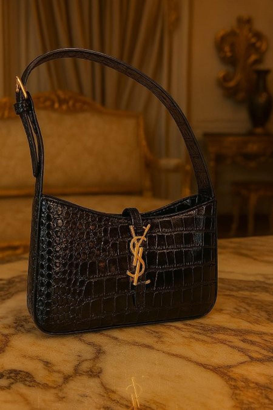 Black crocodile leather gold hardware