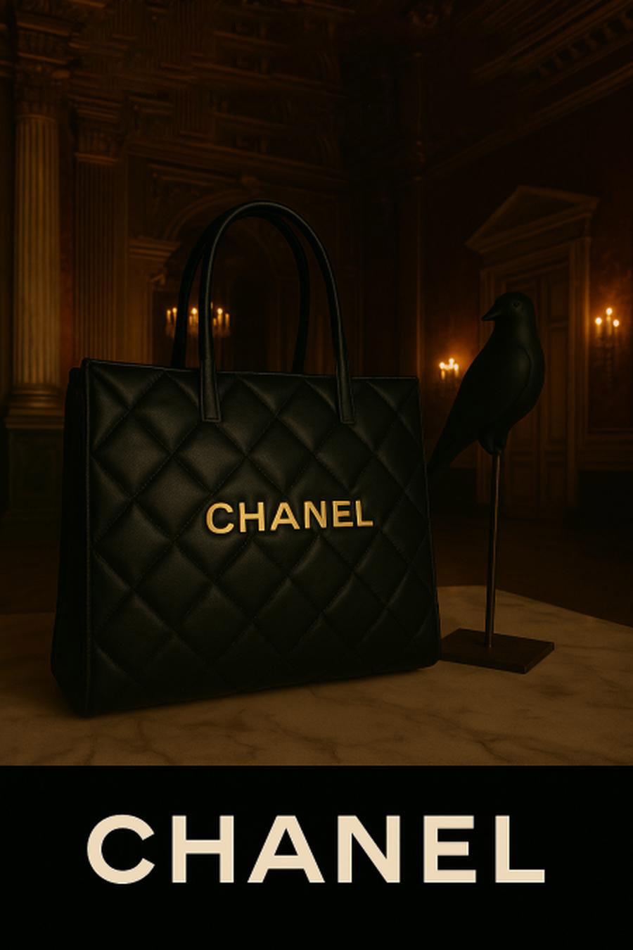 Black with gold Chanel writing