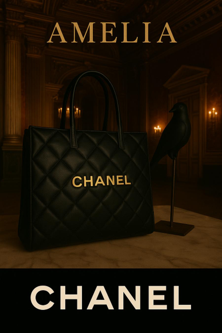 Black with gold Chanel writing