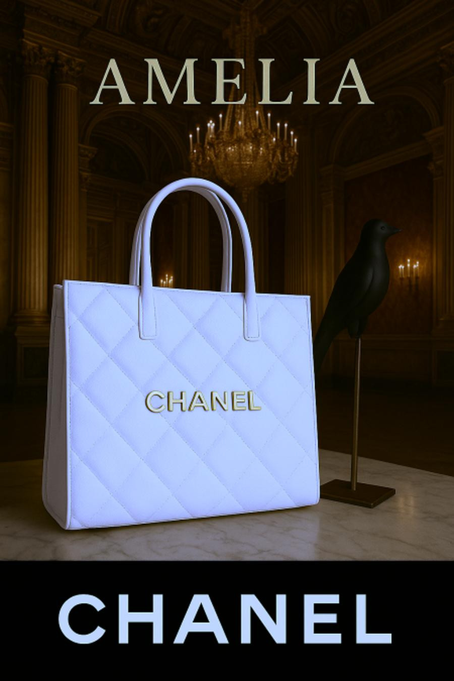White with gold Chanel writing
